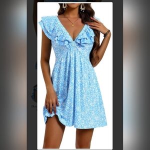 Light Blue Floral Ruffle V-Neck Mini Summer Dress With Pockets